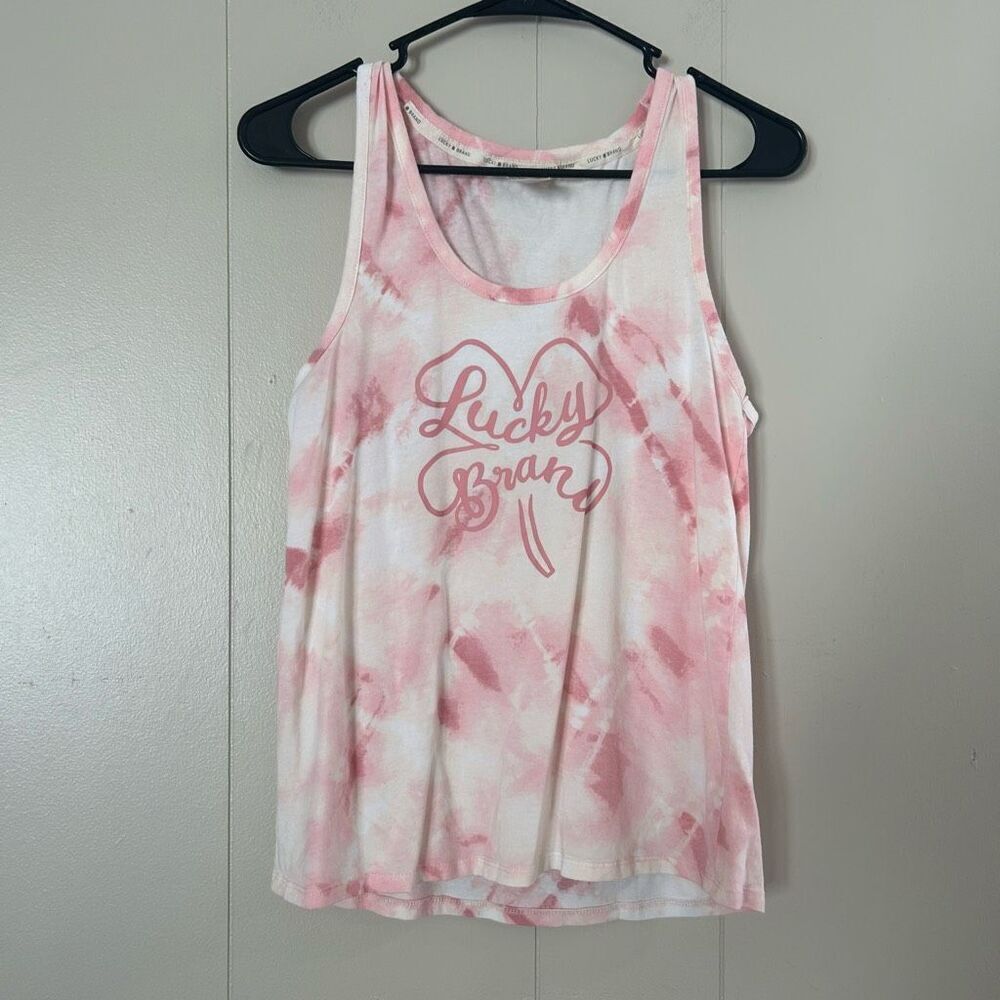 Lucky Brand Pink Tie Dye Tank Top Size Medium | Graphic Clover Logo | Soft Cotto